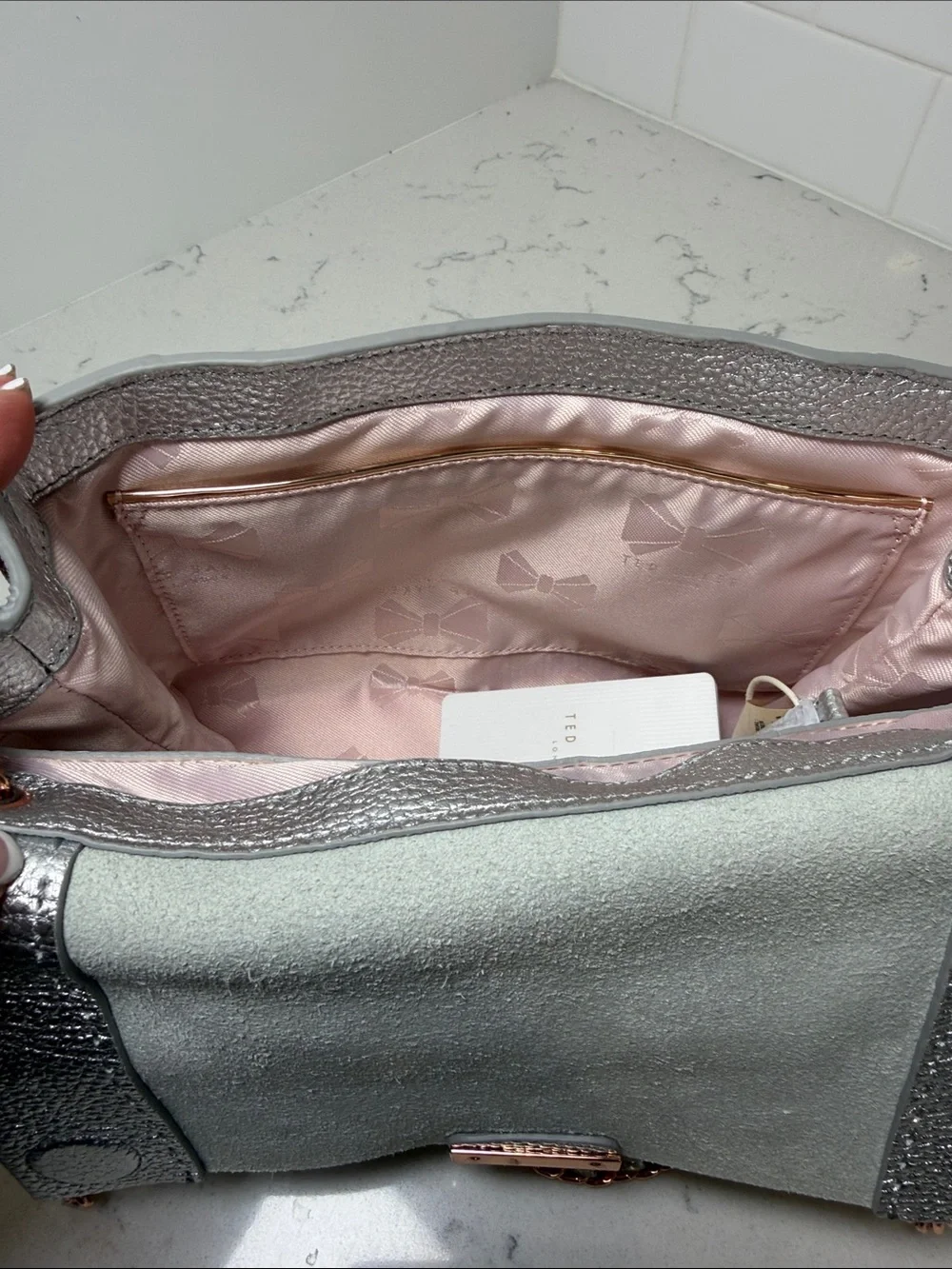 NWT Ted Baker London Parson Pebbled Metallic Silver Leather Crossbody Bag